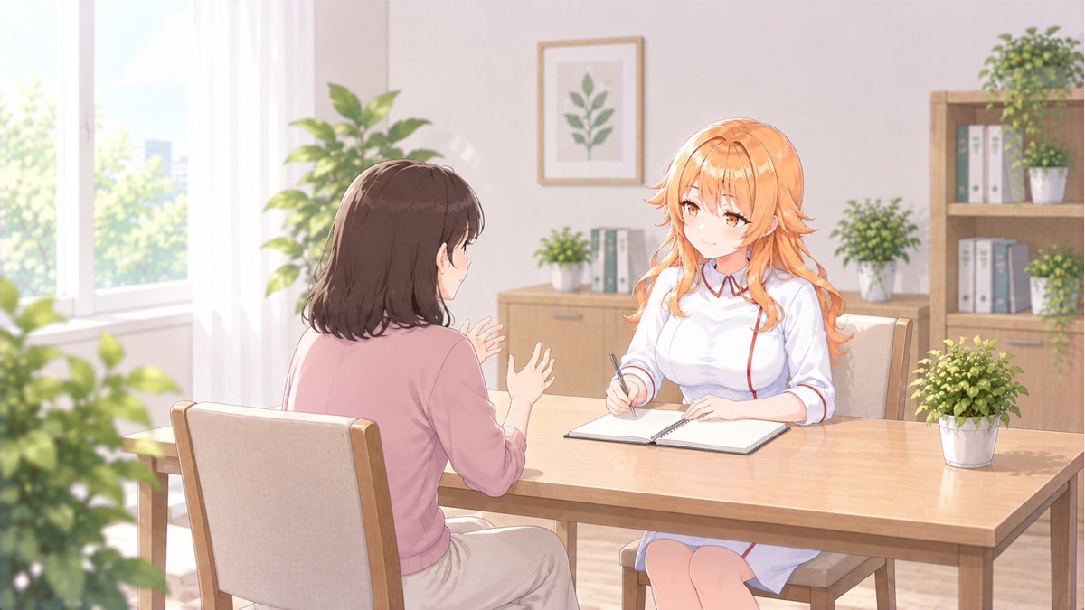 肌の不調について相談を聞く宇迦元まりの