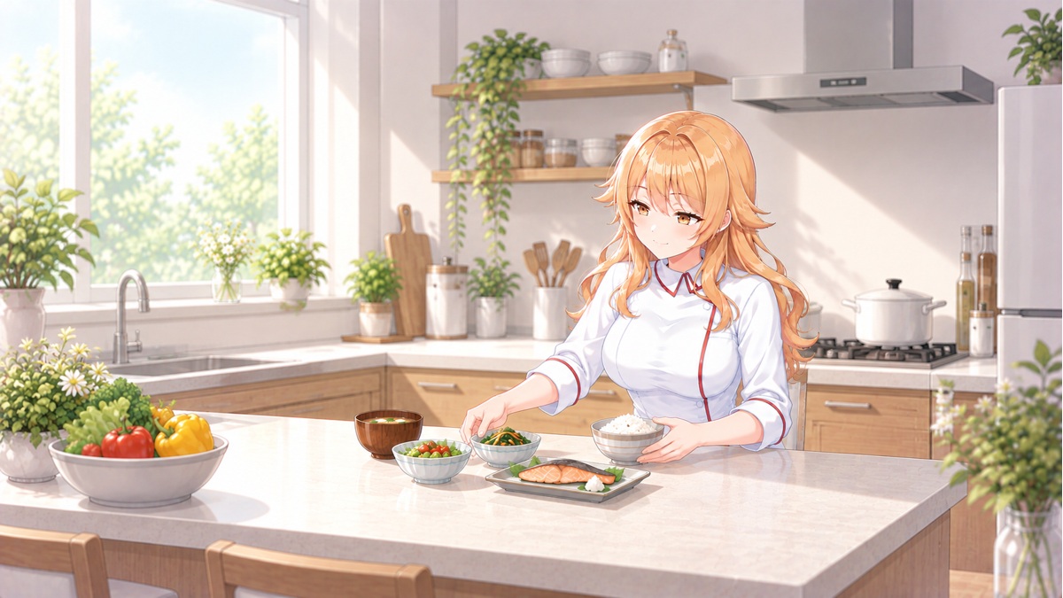 食事の量と組み合わせを確認する宇迦元まりの