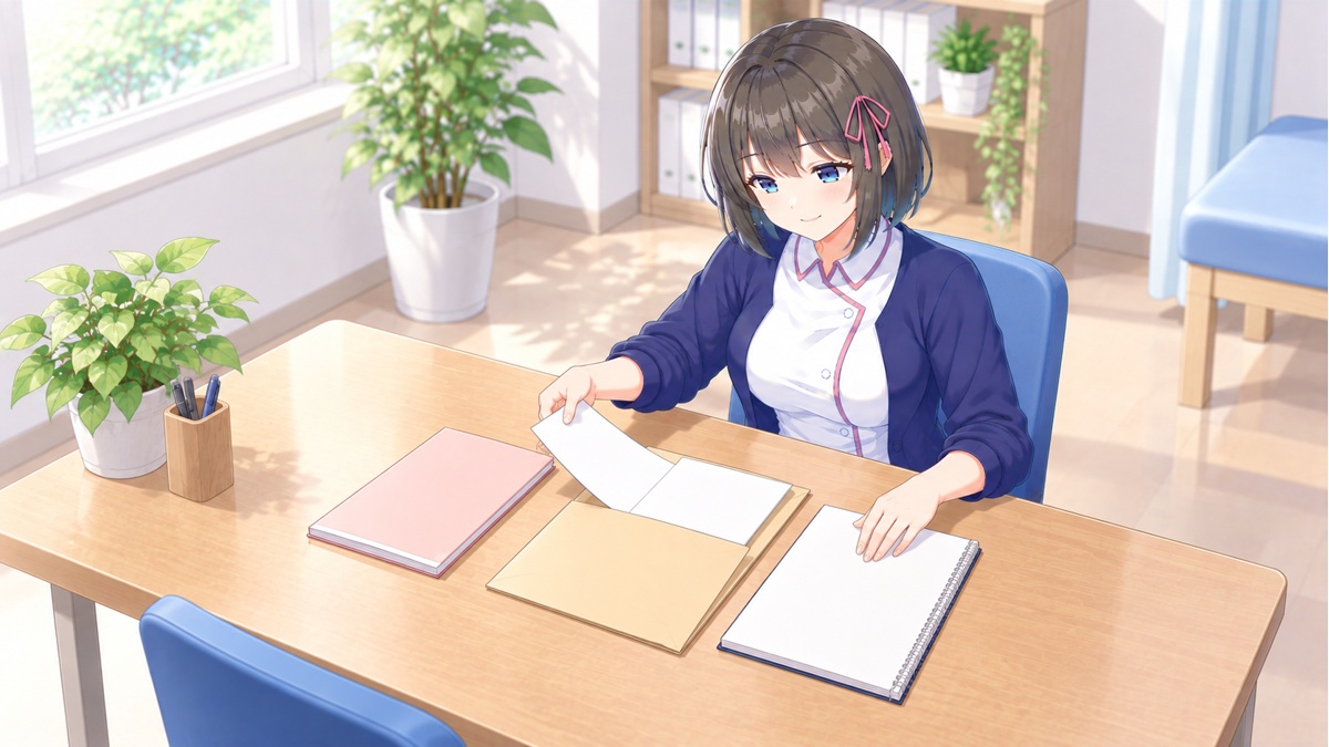 受診資料とお薬手帳を整理する白衣ゆい