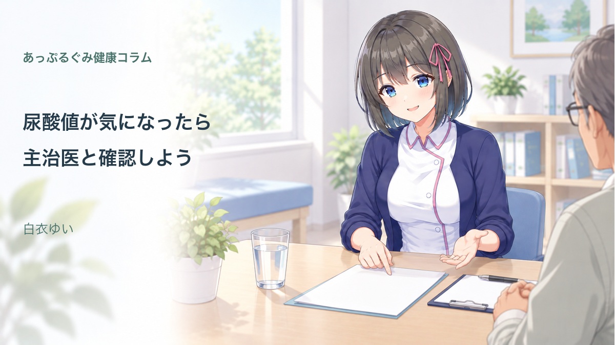 尿酸値の健診結果と相談準備を説明する白衣ゆい