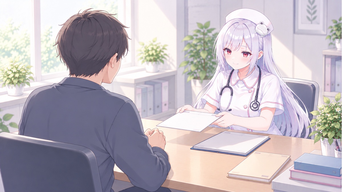 受診資料を渡して相談する酒列ひこな