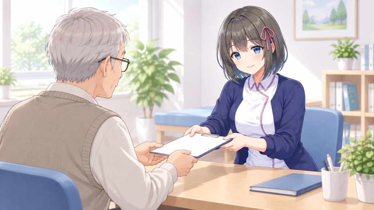受診メモを手渡す白衣ゆい