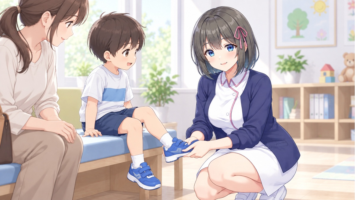 親子と靴を確認する白衣ゆい