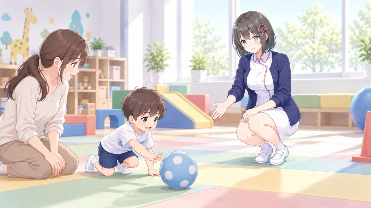 安全な場所で親子の遊びを見守る白衣ゆい