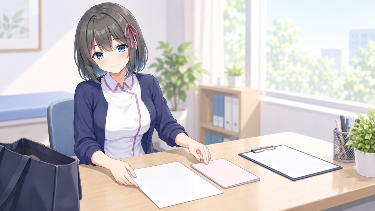 受診前に資料を整理する白衣ゆい