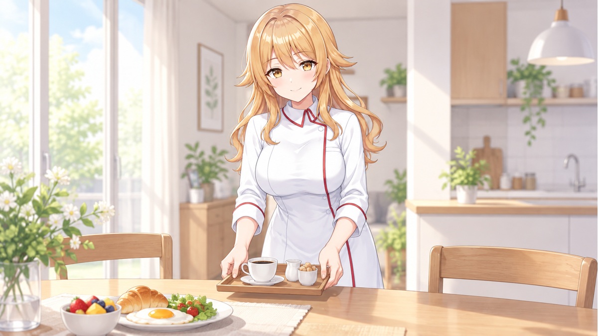 朝の食卓でコーヒーを用意する宇迦元まりの