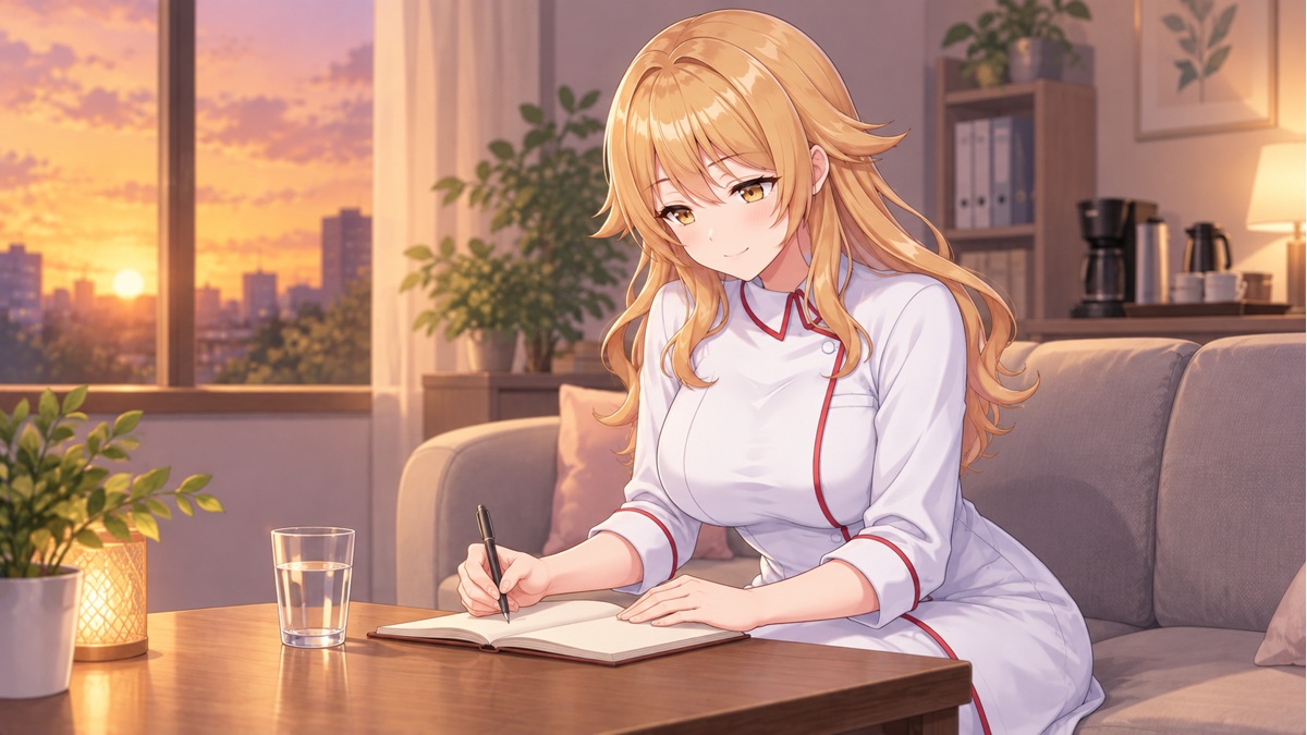 睡眠習慣をノートに記録する宇迦元まりの