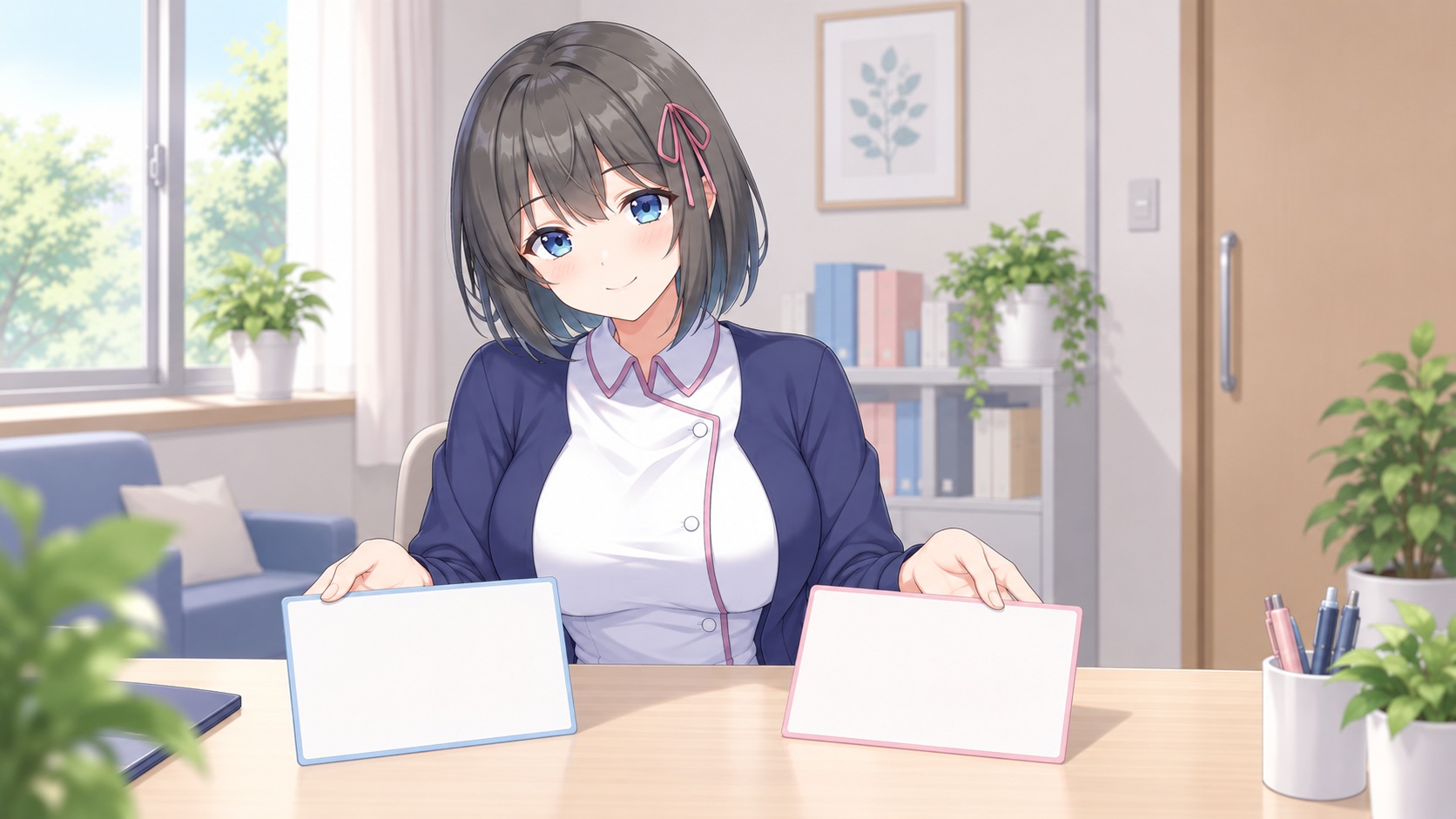治療の説明を確認するための資料を示す白衣ゆい