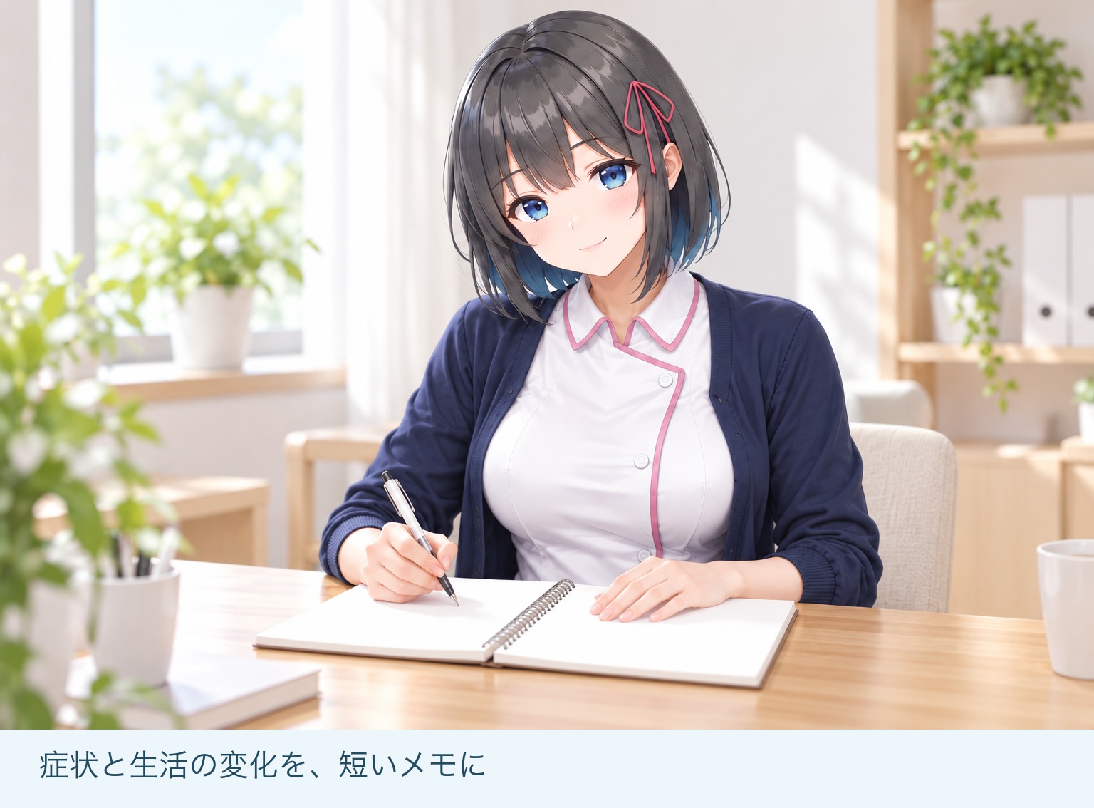 症状と生活の変化をメモする白衣ゆい