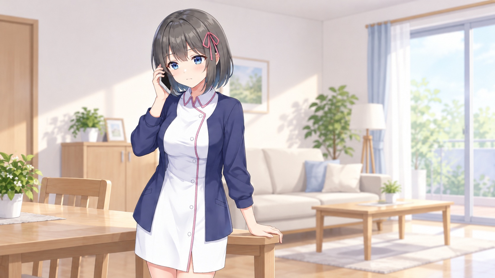 急な頭痛の際に電話で連絡する白衣ゆいのイメージ