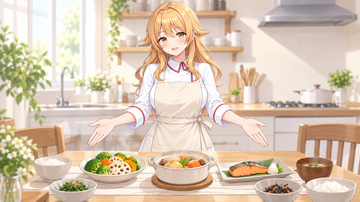 蒸し野菜、煮物、焼き魚を紹介する宇迦元まりの