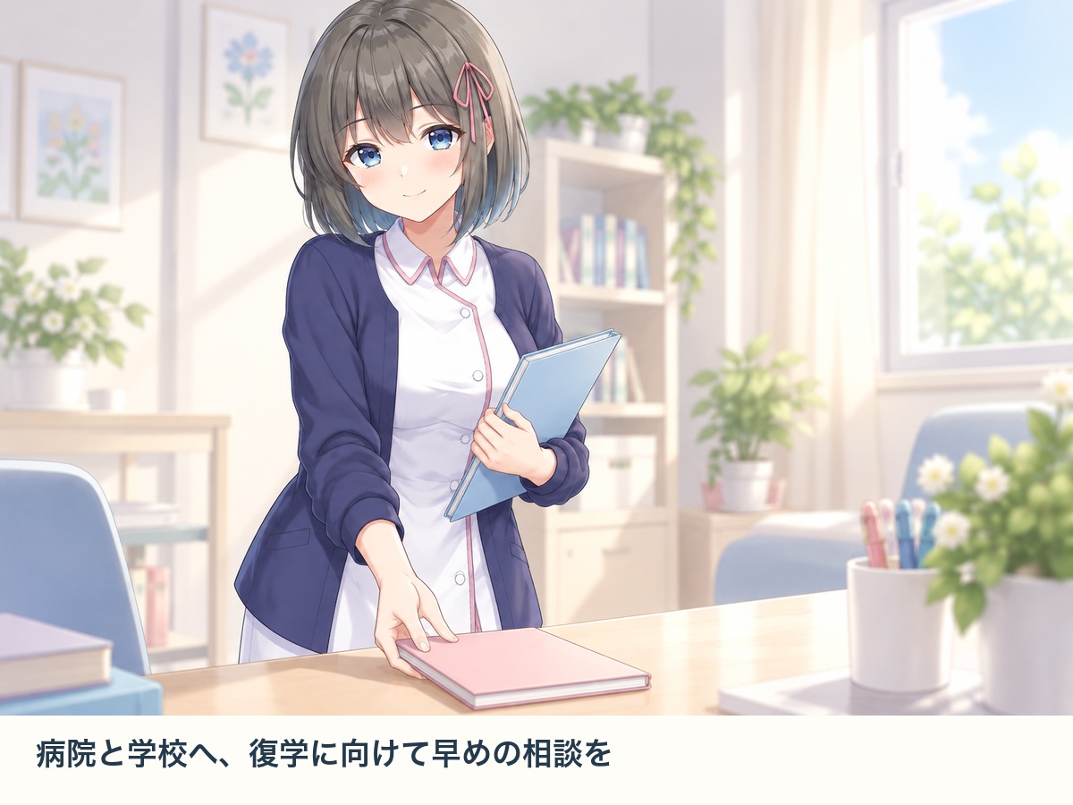 白衣ゆいが復学相談の資料を準備するイメージ