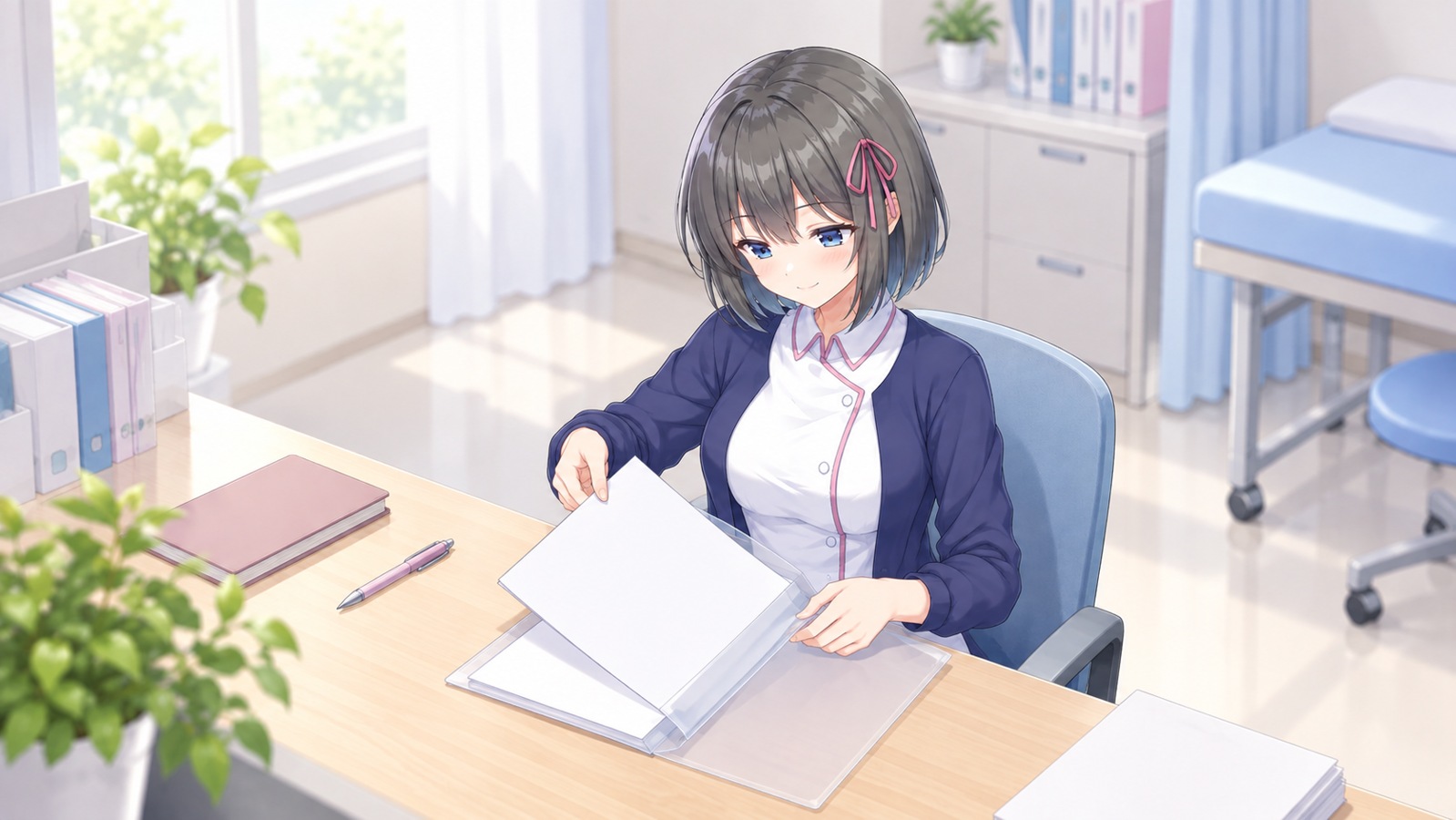 白衣ゆいが除菌後の検査結果を整理するイラスト