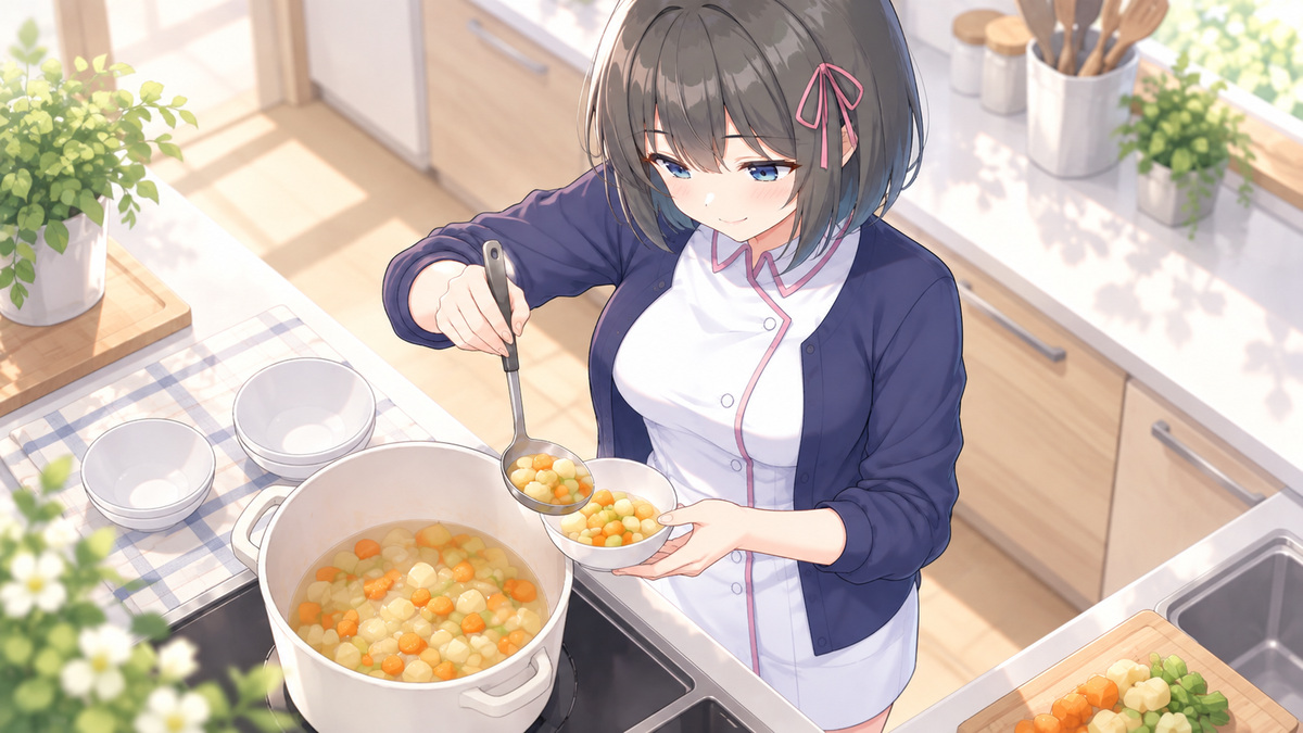 白衣ゆいが味付け前の野菜を清潔な小鉢に取り分けるイラスト