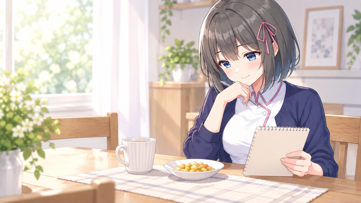 白衣ゆいが食事メモと小皿を見ながら食べ方を考えるイラスト