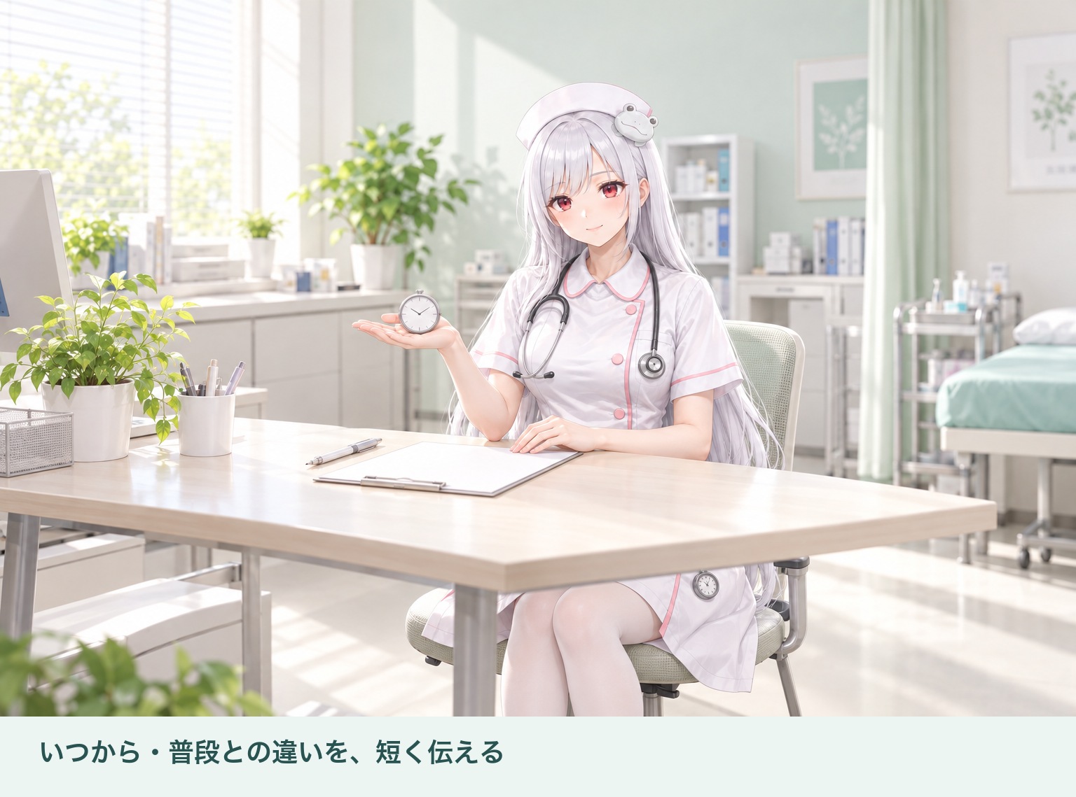 酒列ひこなが時計とメモを示し、普段との違いを短く伝えることを案内